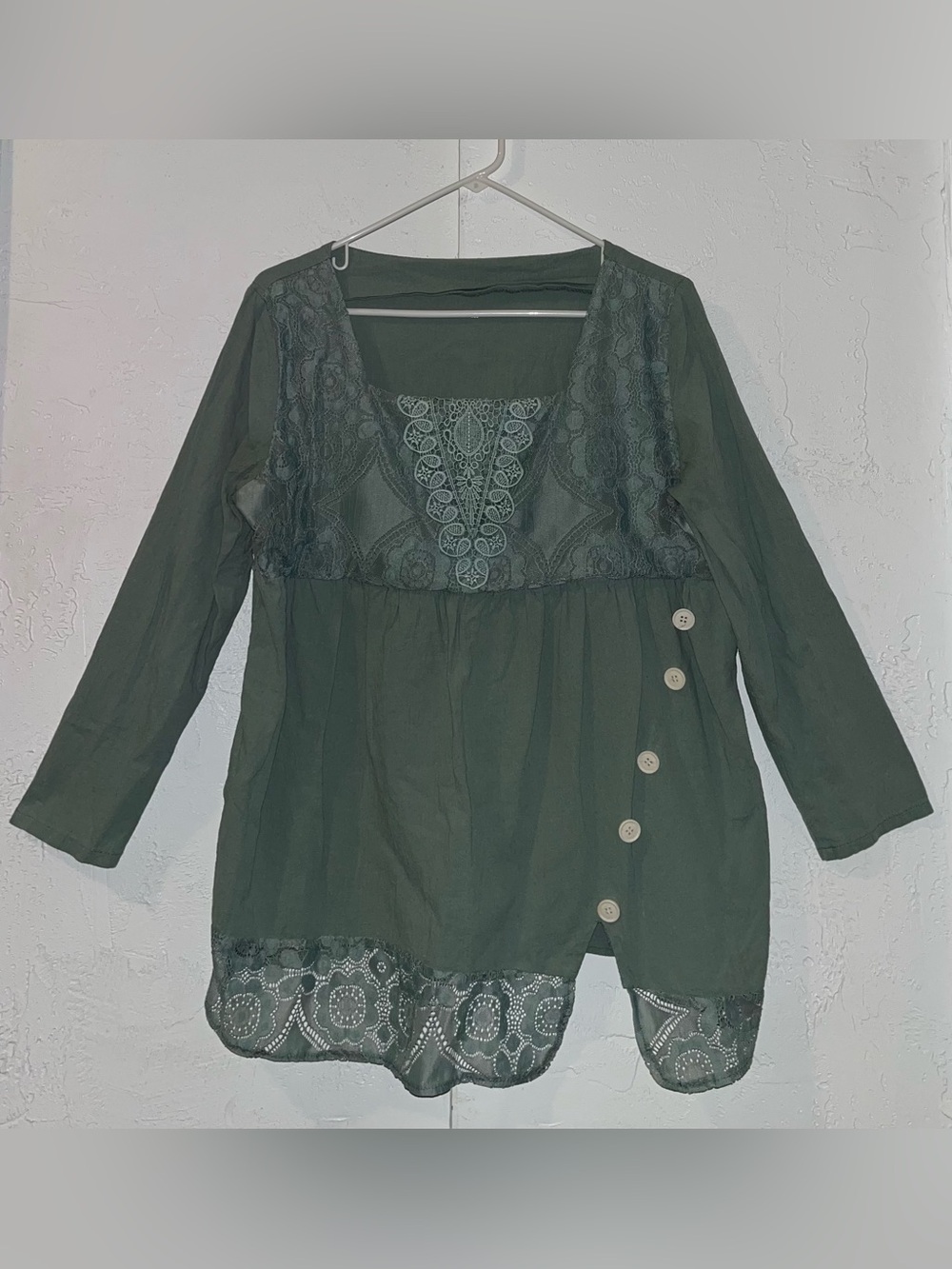 Green Casual Square Neck Lace Button Detail Blouse with long sleeves.
